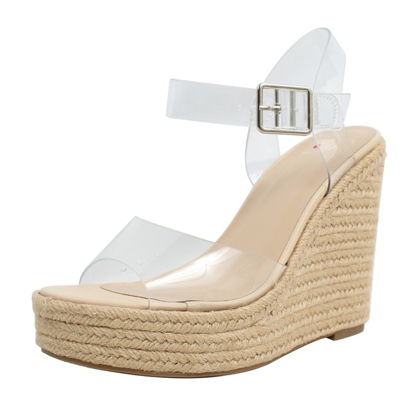 Clear Open Toe Ankle Strap Espadrille Wedge - Picture 2 of 5